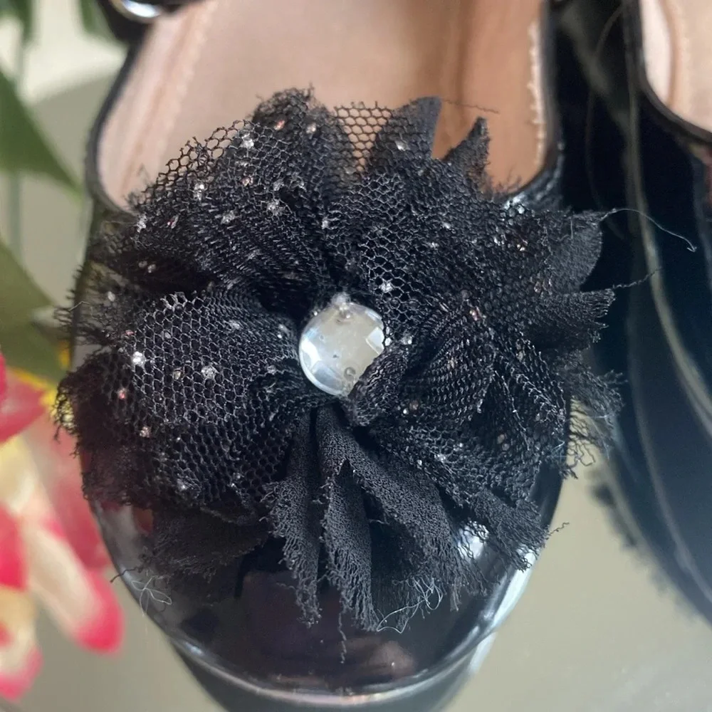 Black Patent Leather Mary Hanes With Embellished Mesh Flower 9M